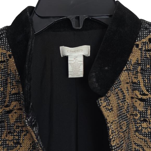 Chico's Flocked Tapestry Duster Jacket Size Large /2 Black Gold Pockets Velvet - Picture 3 of 10